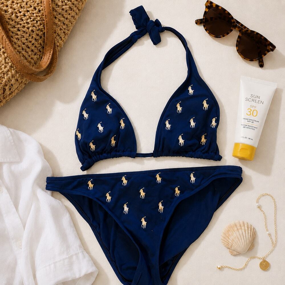 Vintage Ralph Lauren Navy Embroidered Pony Bikini Set Size M